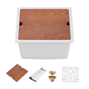 Imagem de Beslend Pia de barra de granito branco de 45,7 cm - 45,7 cm x 45,7 cm composto de quartzo de granito pias de cozinha embaixo da pia branca pequena pia de barra de preparação bacia única sob o balcão