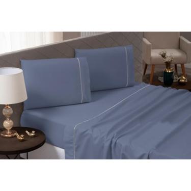 Imagem de Jogo de Lençol Casal 4 Peças 600 Fios Egípcio 100% Algodão – Fronhas e Lençol com Ponto Palito, Toque Macio e Acabamento Premium (Azul Marinho)