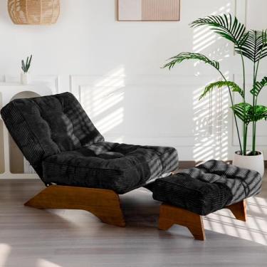 Imagem de MAXYOYO Cadeira Accent com encosto ajustável otomano, cadeira de sala de estar tufada estofada com conjunto de apoio para os pés, cadeira moderna confortável reclinável para sala de leitura, preta