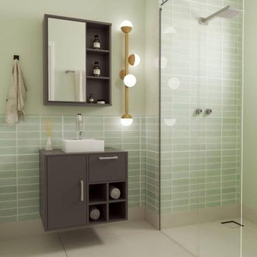 Imagem de Gabinete de Banheiro Suspenso 68cm com Balcão 1 Porta 1 Gaveta e Espelheira com Cuba Br Grafite