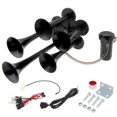 Imagem de DriSentri Buzina de trem para caminhão, 12V 185dB super alto preto cinco trompete buzina a ar com compressor para carros, caminhões, trens, caminhões, barcos