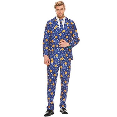 Imagem de ACH Terno de Halloween para homens, fantasia de festa, adulto, em diferentes estampas, 3 peças, jaqueta masculina feia e divertida para cosplay com calça de amarrar, Azul/abóbora, M
