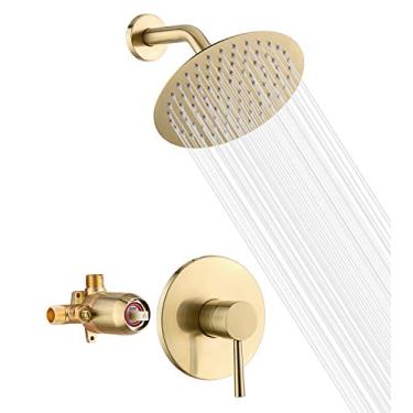 Imagem de Conjunto de torneira de chuveiro Sumerain de latão escovado, válvula de equilíbrio de pressão anti-queimaduras, cabeça de chuveiro de chuva extrafina de 20 cm, com válvulas de retenção sem retorno