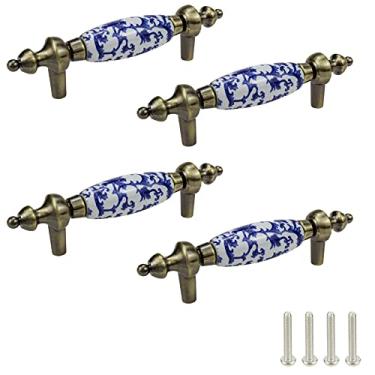 Imagem de Mcredy Puxadores de gaveta de cerâmica puxadores de porcelana azul e branca alças de cômoda T bar com parafusos para ferragens de armário de cozinha, 4 pacotes