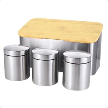 Imagem de Porta Pão de Aço Inox com Tampa de Bambu e Potes Multiuso