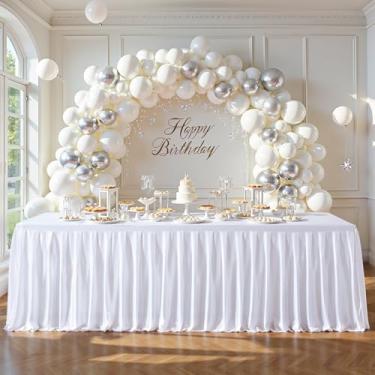 Imagem de Toalha de mesa branca com glitter para mesas retangulares de 1,8 m, resistente a amassados, saia de mesa de festa brilhante, saia de mesa de cetim lavável para feiras, festas, aniversário, casamento