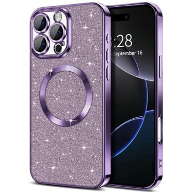 Imagem de Hython Capa para iPhone 16 Pro Max com purpurina, capas de telefone magnéticas transparentes com protetor de lente de câmera [compatível com MagSafe] Capa protetora fina à prova de choque feminina com