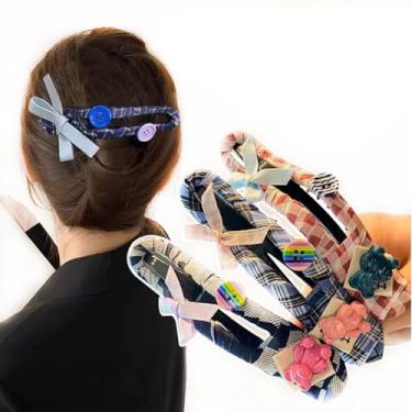 Imagem de iRIIRIO 3 peças de grampos de cabelo fofos de bico de pato com laços de botão de urso decoração de coque de cabelo xadrez acessórios de cabelo para mulheres e meninas (3 cores)
