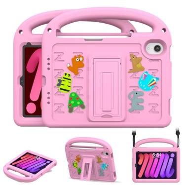 Imagem de AGROMI Capa infantil para iPad mini 7 (A17 Pro) 2024/iPad Mini 6 2021 8,3 polegadas, com suporte de lápis embutido/alça antiderrapante/suporte dobrável, capa protetora à prova de choque para iPad mini