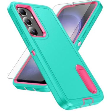 Imagem de Capa de celular para Samsung Galaxy S24 Plus/S25 Plus S24+ S25+ 5G com protetor de tela, suporte oculto híbrido, à prova de choque, resistente, protetor S24Plus + S 24 24+ S25Plus 25+ (ciano + rosa