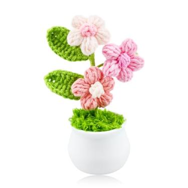 Imagem de Vaso de flores de crochê feito à mão, mini flores artificiais tricotadas para painel de carro, decoração de mesa de escritório, pequena flor de crochê, presente de aniversário para mulheres