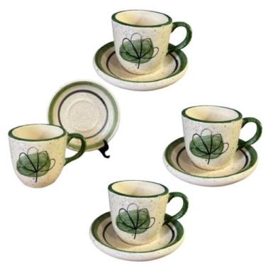 Imagem de Xícara Com Pires Em Cerâmica 4 unidades Personalizadas Com Trevo Verde
