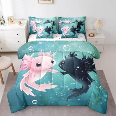 Imagem de Erosebridal Jogo de cama axolotl rosa preto em uma bolsa para meninas e meninos, conjunto de edredom com desenho animado de salamandra, 7 peças, tamanho Queen, mundo subaquático, vida selvagem
