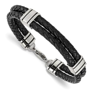 Imagem de Auriga Fine Jewelry Pulseira masculina de couro trançado preto polido de aço inoxidável 23 cm, branca, AFJ-QG-SRB869-9-PK