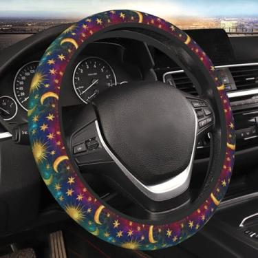 Imagem de KIOWEIR Capa de volante dourada lua estrela sol arco-íris cor elástica para carro capa antiderrapante e suor acessórios de carro protetor universal de 38 cm para carros, veículos SUV, caminhões