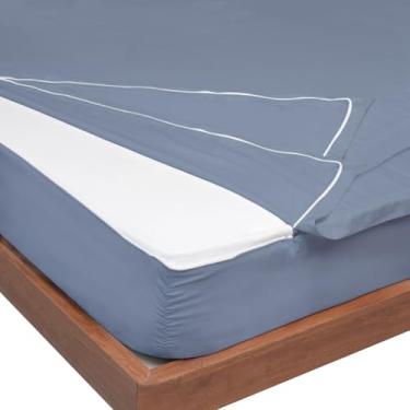 Imagem de Lençol Queen com zíper de algodão - Projetado para colchões de até 20 cm com bolsos profundos, lençol Queen com zíper (base + 2 lençóis com zíper) - Macio e luxuoso 600 fios 100% algodão - Cor azul