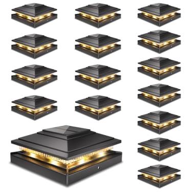 Imagem de Luzes de poste solares ao ar livre, pacote com 16, luzes de poste de cerca à prova d'água para postes de madeira/vinil, 10 x 15 x 15 cm, postes de madeira/vinil, luzes de poste de deck solares pretas
