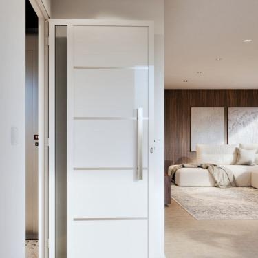 Imagem de Porta de Alumínio de Giro Lambri 215cm X 95cm Puxador de 60 Cm com Friso e Visor Lucasa Ideale Branco