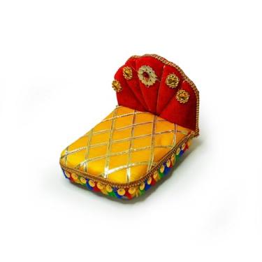 Imagem de AhaaMAG Pooja Chowki | Base = 5.5 x 4.5 inches (Small) | Net Design | Yellow & Red | Peacock Strip | for Pooja & Seating God's Idol in Temple