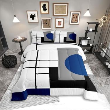 Imagem de Erosebridal Conjunto de cama casal, listrado, branco, preto, azul, geométrico, geométrico, abstrato, geométrico, geométrico, geométrico, linhas, linhas geométricas, minimalista, quadrado e círculo