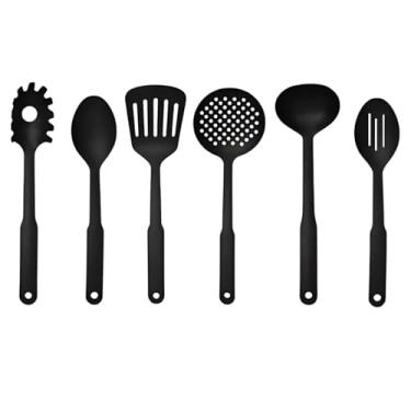 Imagem de Kit Utensílios de Cozinha em Nylon Preto com Colher Concha Espátula Escumadeira e Pegadores