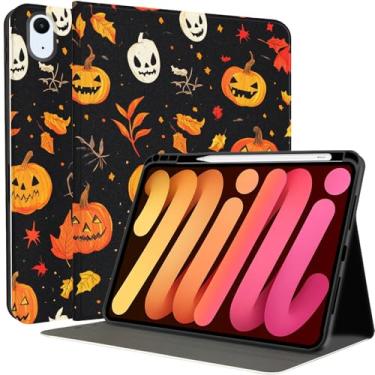 Imagem de MAYCARI Capa de Halloween Leaves Pumpkin iPad para iPad Air (M2) 2024 de 13 polegadas com suporte para lápis feita à mão para iPad Air 6ª geração, capa rígida protetora para iPad de grão fino de