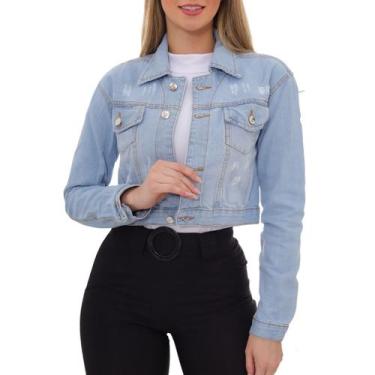 Imagem de Jaqueta Jeans Feminina Curta 100% Algodão - 5 Estilo, P, Azul, Feminin