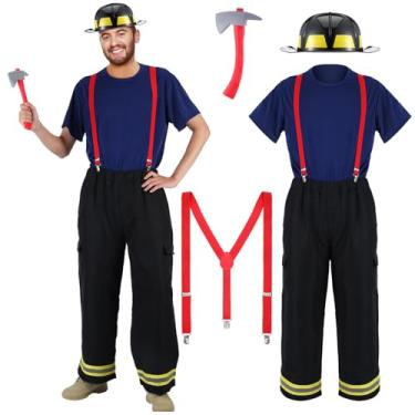 Imagem de Hicarer 5 peças de fantasia de bombeiro para homens, capacete de bombeiro, machado, calça com suspensórios anexados, roupa de cosplay de Halloween (M)