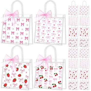 Imagem de Kolldenn 48 peças de sacos de presente de PVC transparente com laço rosa, morango, cereja, fita reutilizável, coquete, margarida, guloseimas, sacolas a granel para aniversário, casamento, chá de bebê