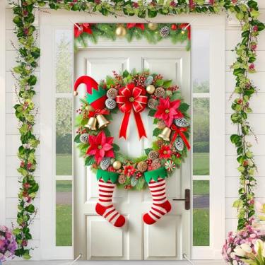 Imagem de BlissYard Capa de porta de Natal, decoração de guirlanda de pernas de elfo, 89 x 188 cm, faixa festiva para decoração de parede interna e externa, tecido de poliéster para meninas ou meninos
