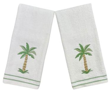 Imagem de Toalhas de mão de banheiro costeiras – Conjunto de 2 branco 100% algodão bordado tropical palmeira design – 45,7 x 30,5 cm toalhas decorativas de banho e cozinha