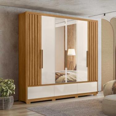 Imagem de Guarda Roupa Casal Grande com Ripado e Espelho 240x230cm Amazonas Moval Cor:Freijó/Off White