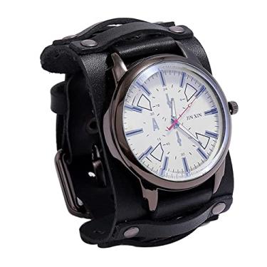 Imagem de Colaxi Relógio ponteiro punk vintage, pulseiras masculinas ajustáveis de couro, relógio de pulso elegante da moda, pulseiras masculinas pulseiras femininas presente lazer casual - preto, Preto