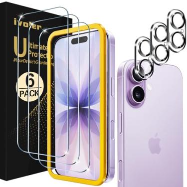 Imagem de ivoler Pacote com 3 + 3 películas de vidro temperado para 17 películas de 6,3 polegadas com protetor de lente de câmera com [moldura de alinhamento], película transparente HD transparente