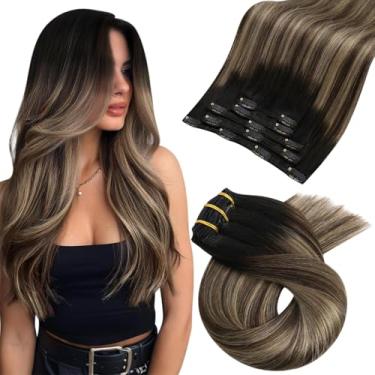 Imagem de Moresoo Balayage Hair Extensions Clip In Human Highlight Remy Ombre Off Black Desbotando Para Castanho Misto Dourado 12 Polegadas 5 Peças 80G