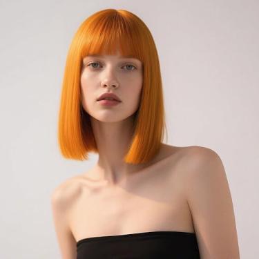 Imagem de SUKRI Peruca Ruiva Bob Com Franja - Perucas Curtas, Lisas E Laranjas Para Mulheres, Comprimento Dos Ombros, 12" De Cabelo Sintético Resistente Ao Calor, Uso Diário Festas Cosplay