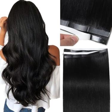 Imagem de Loxxy Extensões de cabelo humano com fita longa - preto azeite 45 cm 50 g - Fita de trama PU larga em extensões, uma peça com largura de trama visível 31,5" (80 cm), fácil aplicação para mulheres