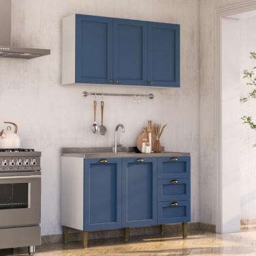 Imagem de Armário De Cozinha Americana Modulada 120cm Com Balcão Para Pia Multimóveis Cr20492 Branco-Azul
