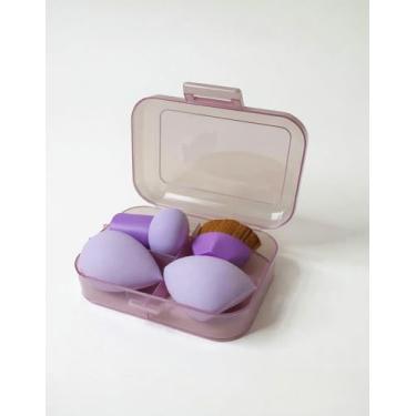 Imagem de Kit Esponja de Maquiagem Hexagonal com Estojo, Pincel Maquiagem Hexagonal Magico Kabuki, Chanfrada, Esponja Gota e Esponja Cogumelo (Roxo)