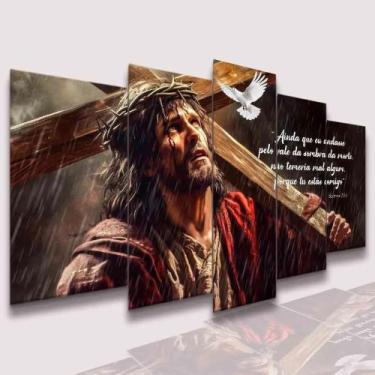 Imagem de Quadros Decorativo Jesus Cristo Cruz Sagrada Pombo 5 Peças Colorido Co