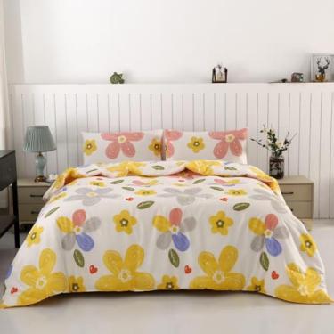 Imagem de SDIII Conjunto de edredom floral colorido, 3 peças, de microfibra macia, leve, para outono, floral, fofo, para hotel, luxo