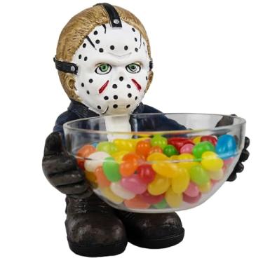 Imagem de GOBWCOT Suporte de tigela de doces de Halloween filme de terror gnomas prato de doces estatuetas assassinas assustadoras estátua ornamentos de cozinha pote (estátua B)
