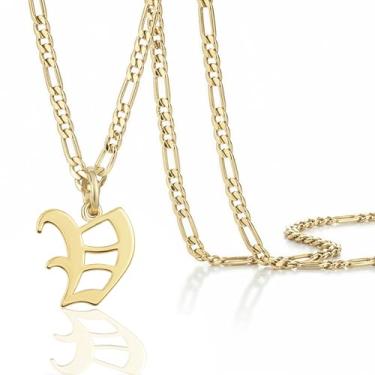 Imagem de Colar masculino com pingente de inicial banhado a ouro 14k Beleco – Colar com letra A-Z com corrente fígaro, joia com pingente de alfabeto de ouro personalizado em inglês antigo, Medium, Banhado a