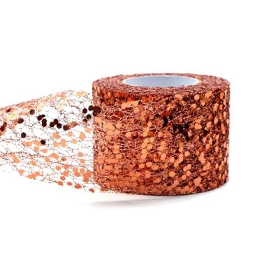 Imagem de Fita de malha brilhante de 10 metros de largura 5 cm de largura de organza metálica brilhante lantejoulas tecido de tule com borda de arame decorativo para embrulho de presente (rosa vermelha)