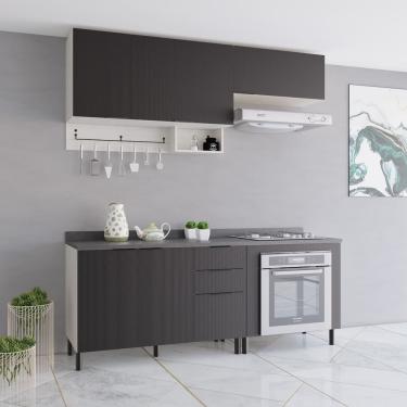 Imagem de Cozinha Compacta Bartira Rubi com 5 Portas, 2 Gavetas, 1 Gavetão, 3 Prateleiras e 200cm de Largura - Freixo/Preto Poah