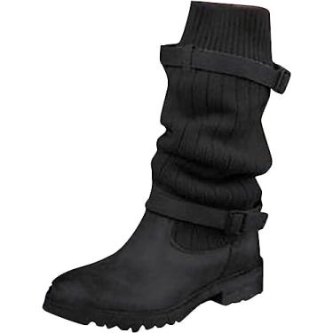 Imagem de Botas femininas de cano alto até o joelho, botas de cano alto, retrô, clássica, com fivela, cano médio, botas de inverno, Preto, 6.5
