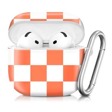 Imagem de Compatível com AirPod 4ª geração 2024, capa protetora antiqueda à prova de choque, linda capa para mulheres e homens com chaveiro (tabuleiro de xadrez branco laranja)