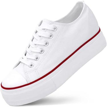 Imagem de Tênis de plataforma feminino, 5 cm, aumento de altura, cunha oculta, tênis de lona de salto alto, branco e preto, tênis moderno para mulheres e meninas, Branco, 35