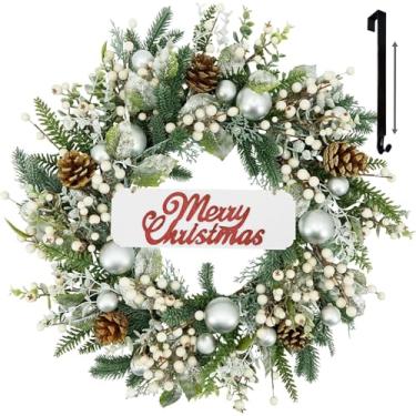 Imagem de FINECASA Guirlanda de Natal de pinha com sinal de alegria, guirlanda e conjunto de cabide ajustável, decoração de férias ao ar livre/interno para porta da frente, varanda e janela, 61 cm