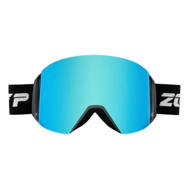 Imagem de YMTSGEQ Óculos de esqui, lentes magnéticas intercambiáveis antiembaçamento 100% proteção UV400 OTG óculos de neve para homens e mulheres (armação preta alça preta - lente azul gelo Revo (VLT 16%))